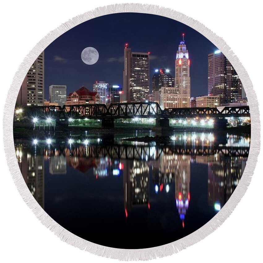 Columbus Round Beach Towel featuring the photograph State Capitol Full Moon by Frozen in Time Fine Art Photography