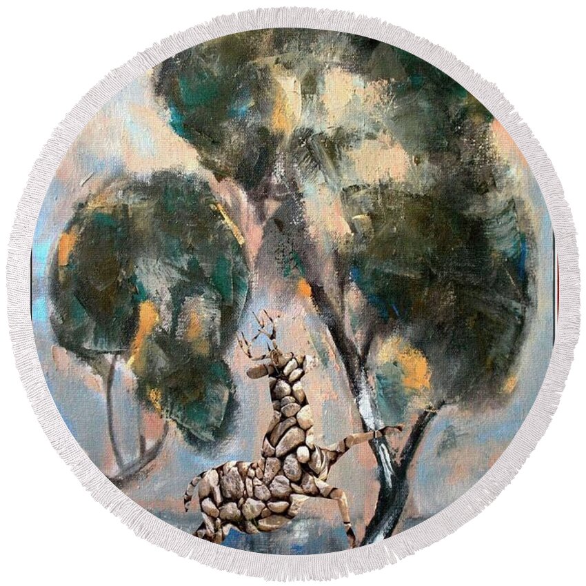 Modern Painting Round Beach Towel featuring the mixed media Statue of deer 6 by Pemaro