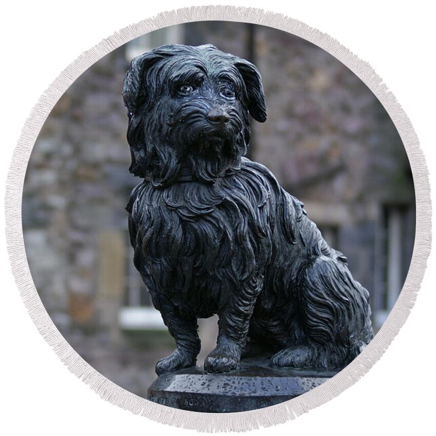 Statue Round Beach Towel featuring the photograph Statue of Greyfriars Bobby in Edinburgh by David Birchall