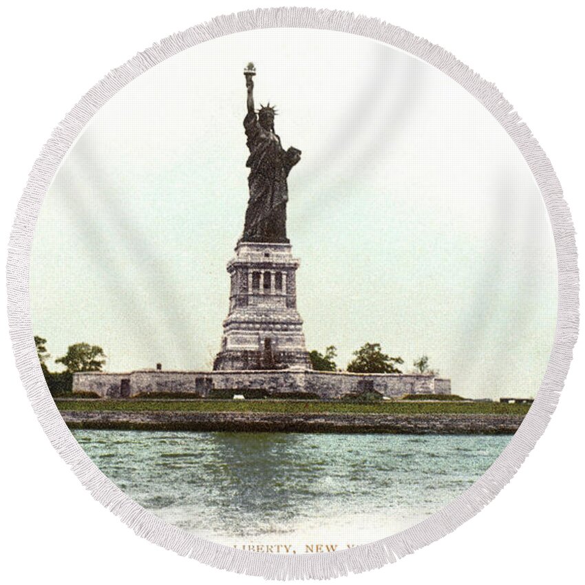 1900 Round Beach Towel featuring the photograph Statue Of Liberty, 1900 by Granger