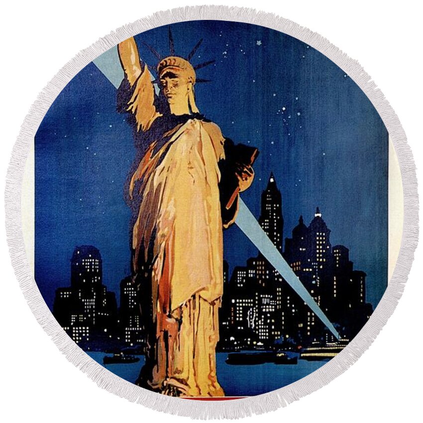 Statue Of Liberty Round Beach Towel featuring the painting Statue of Liberty at night - New York City Vintage Poster by Studio Grafiikka