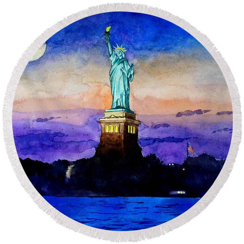 Statue Of Liberty Round Beach Towel featuring the painting Statue of Liberty New York by Christopher Shellhammer