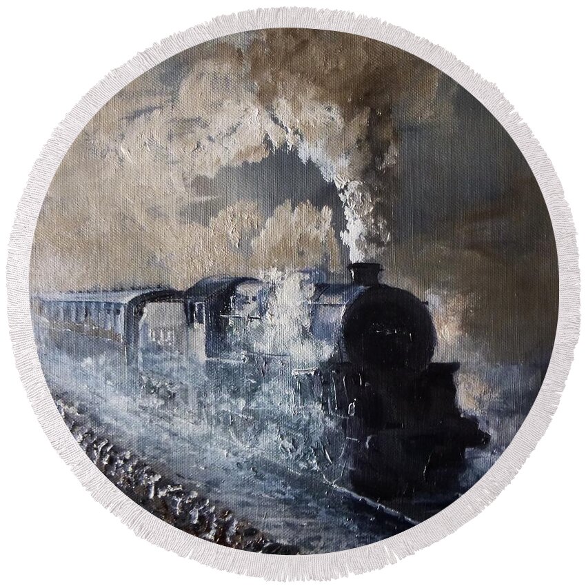Steam Round Beach Towel featuring the painting Steam On The Misty Moors by Asa Jones