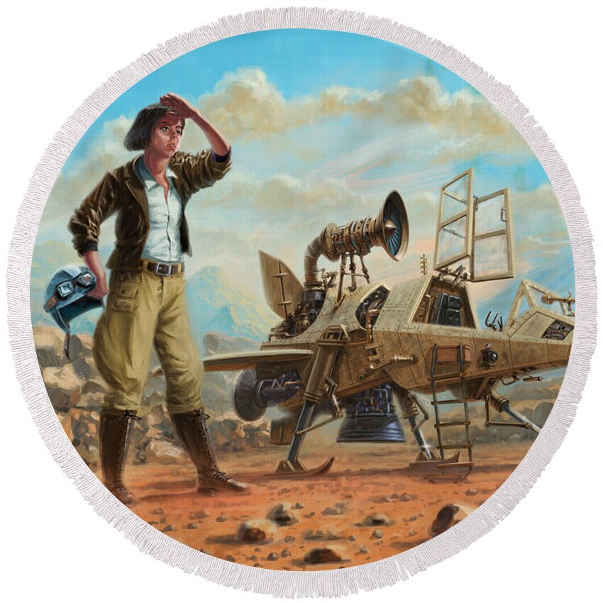 Ship Round Beach Towel featuring the digital art SteamPunk Girl with SpaceShip by Martin Davey