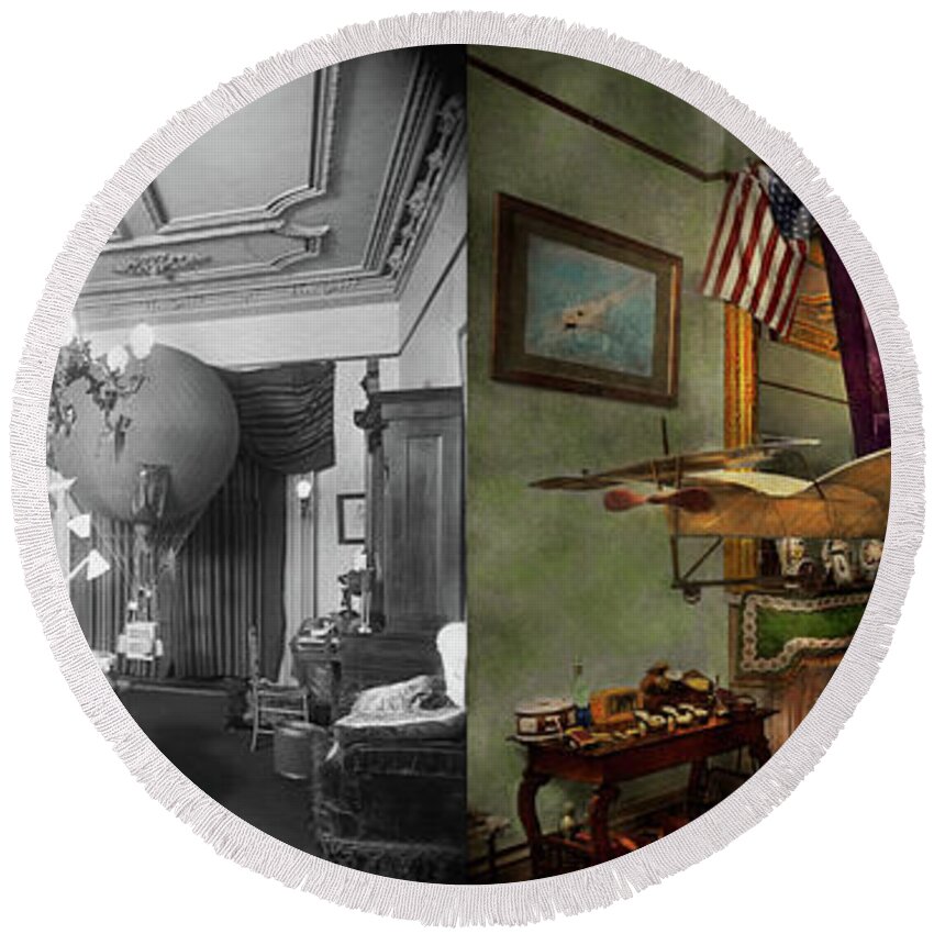 Pilot Art Round Beach Towel featuring the photograph Steampunk - Hall of wonderment 1908 - Side by Side by Mike Savad