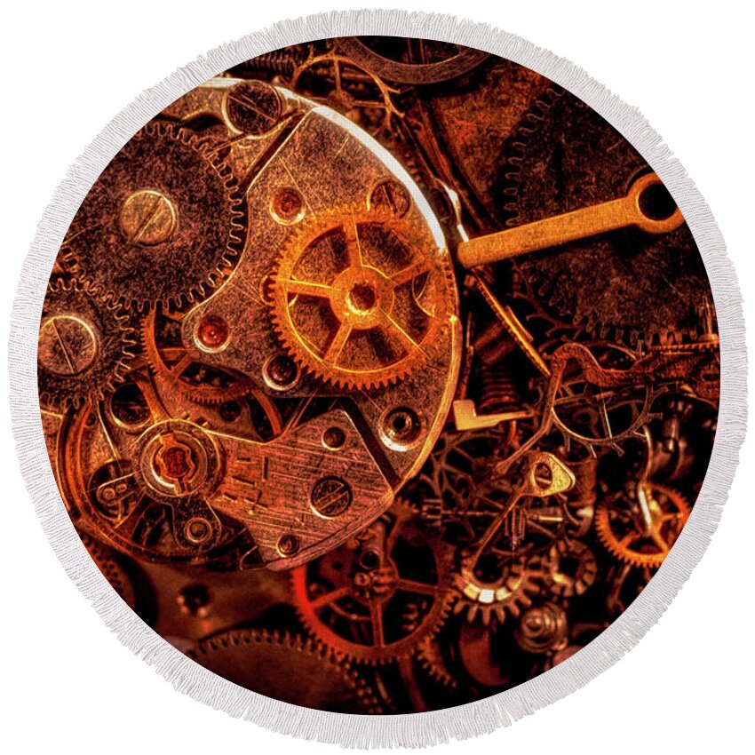 Steampunk Round Beach Towel featuring the photograph Steampunk - watch parts by Lilia S