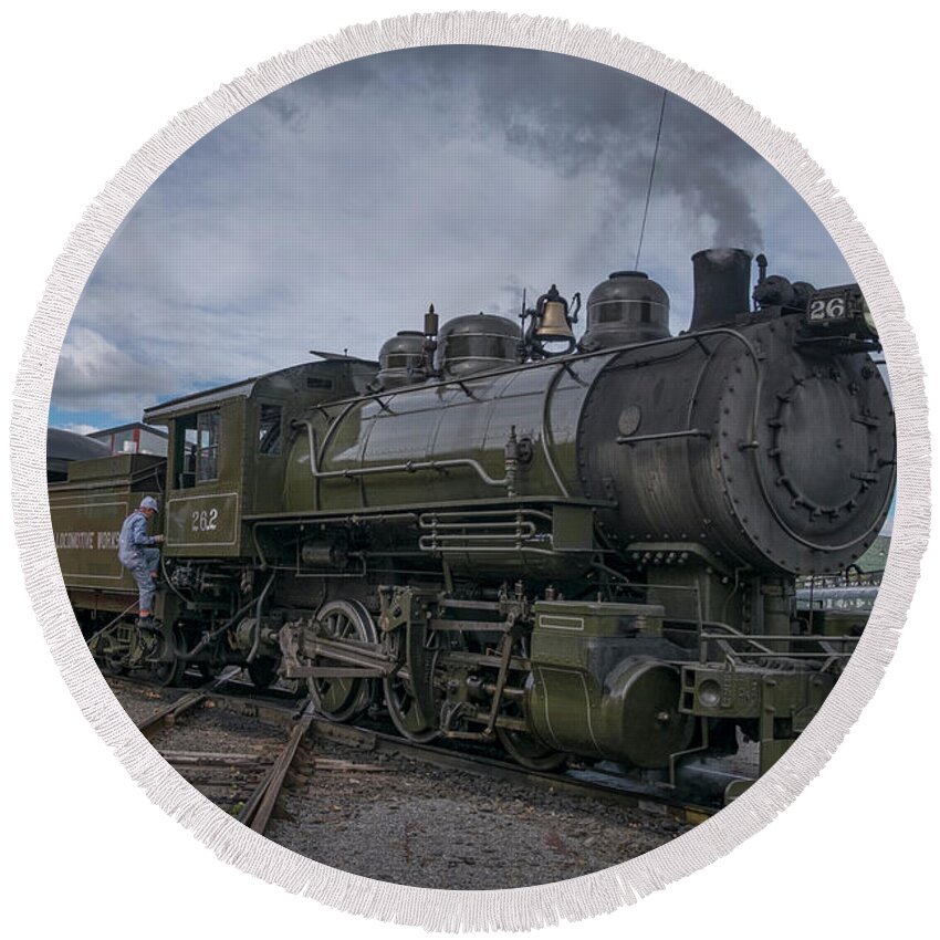 Railroad Tracks Round Beach Towel featuring the photograph Steamtown locomotive 26 at Scranton PA 1 by Jim Pearson