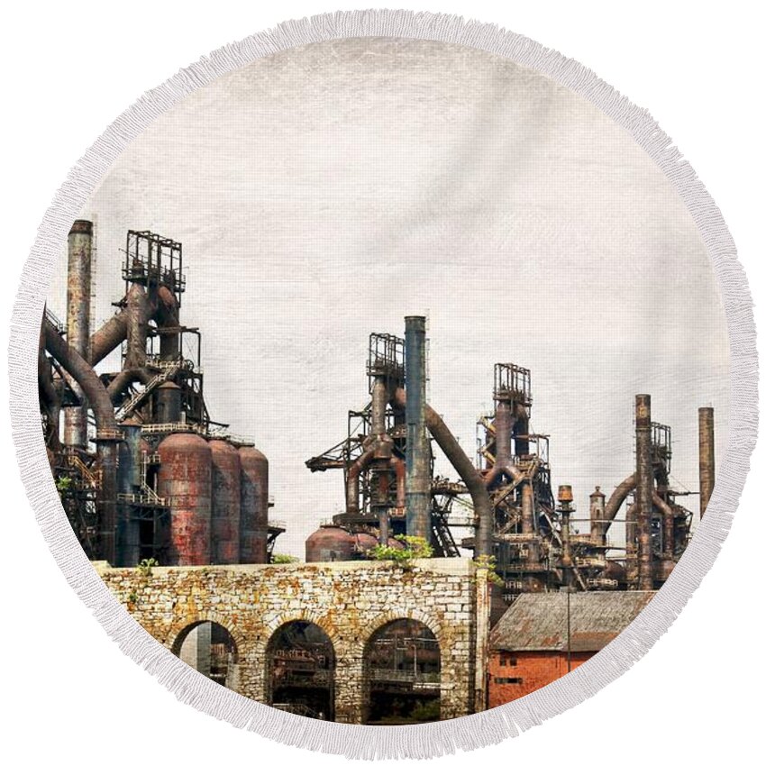 Steel Stacks Round Beach Towel featuring the photograph Steel Stacks by Beth Ferris Sale