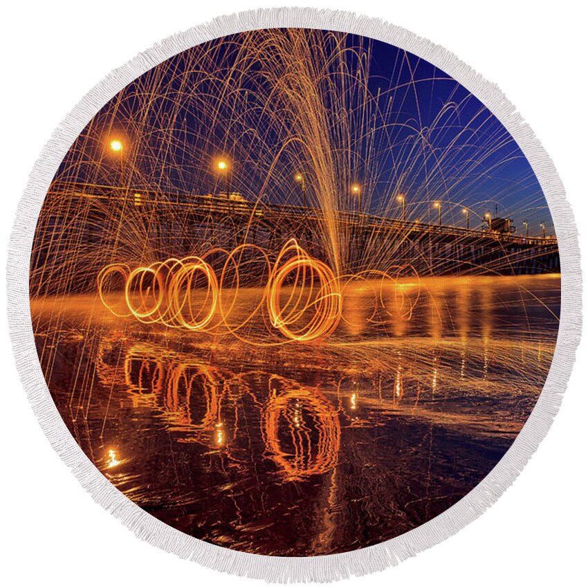 Imperial Beach Round Beach Towel featuring the photograph Steel Wool Spinning at the Imperial Beach Pier by Sam Antonio