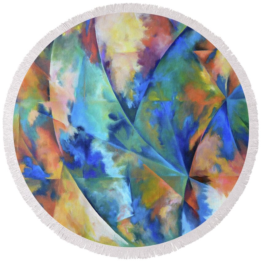 Abstract Round Beach Towel featuring the painting Stellar Intersection by Pic Michel