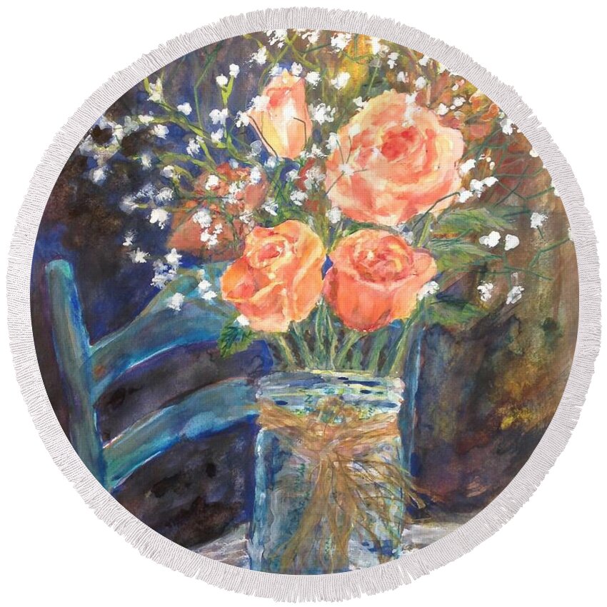 Roses Round Beach Towel featuring the painting Stephanie's Roses by Cheryl Wallace