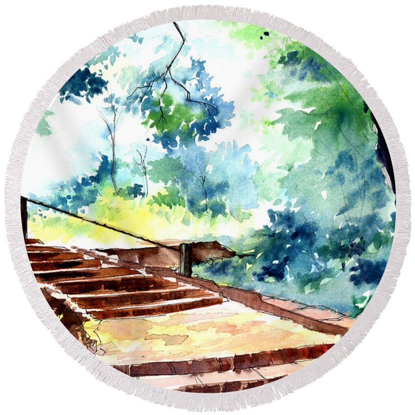 Landscape Round Beach Towel featuring the painting Steps to eternity by Anil Nene