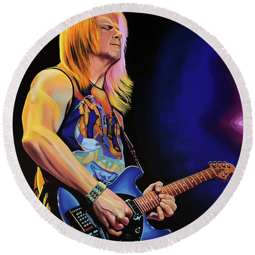 Steve Morse Round Beach Towel featuring the painting Steve Morse Painting by Paul Meijering