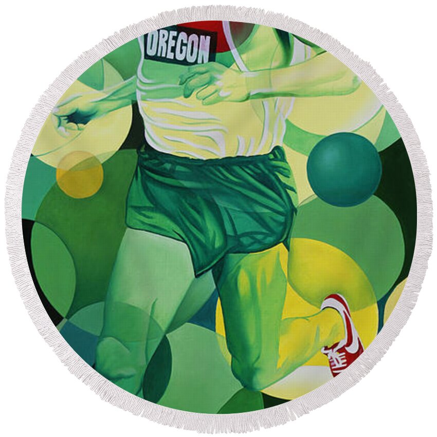 Steve Prefontaine Round Beach Towel featuring the painting Steve Prefontaine by Joshua Morton