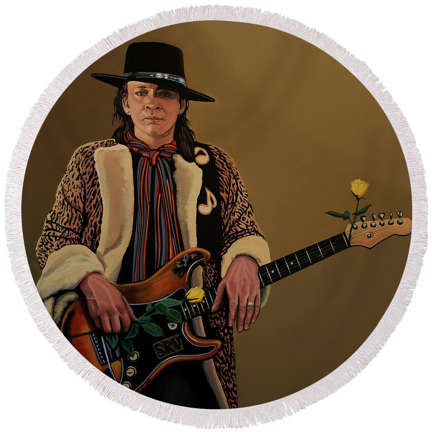 Stevie Ray Vaughan Round Beach Towel featuring the painting Stevie Ray Vaughan 2 by Paul Meijering