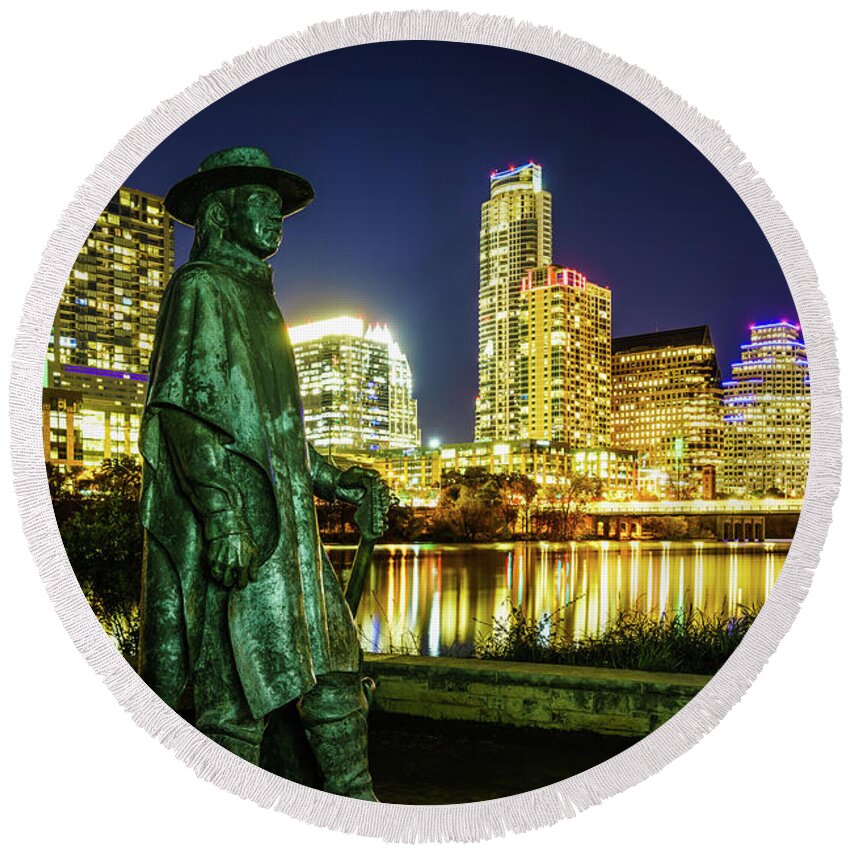 1st Round Beach Towel featuring the photograph Stevie Ray Vaughan Statue with Austin TX Skyline by Paul Velgos