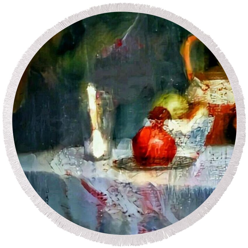 Still Life Round Beach Towel featuring the painting Still life oil painting table with pomegranate ceramic kettle glass knife and bowl of fruit pears linen sketch painting life drawing by MendyZ