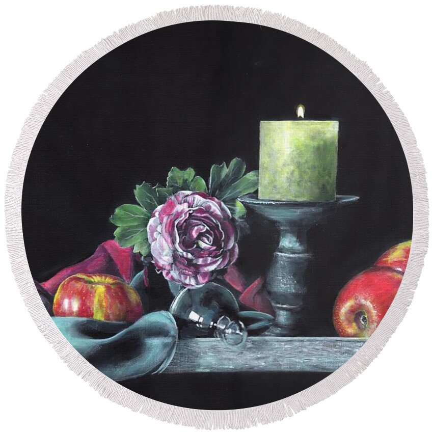 Still Life Round Beach Towel featuring the painting Still life with candle by John Neeve
