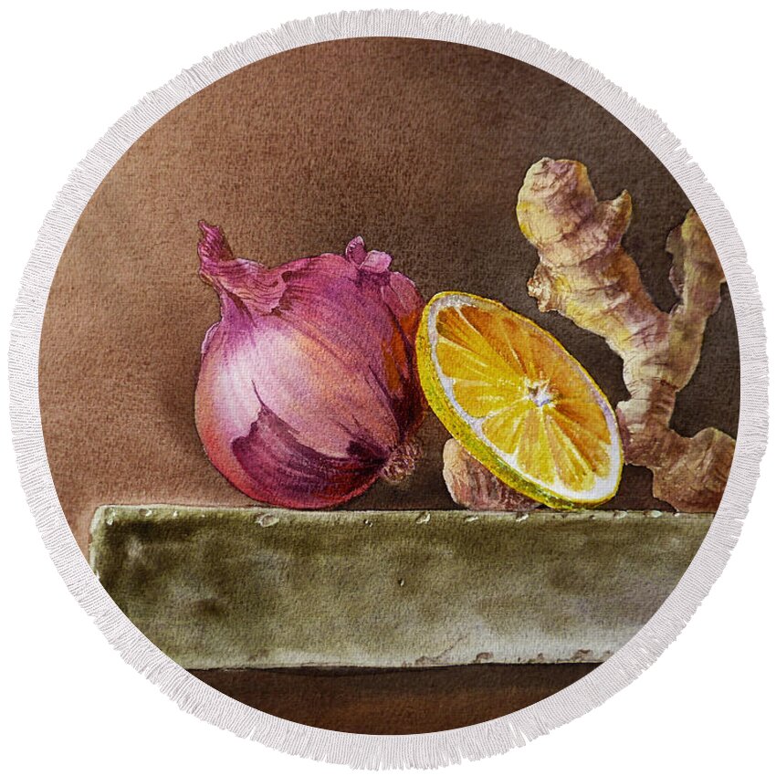 Onion Round Beach Towel featuring the painting Still Life With Onion Lemon And Ginger by Irina Sztukowski