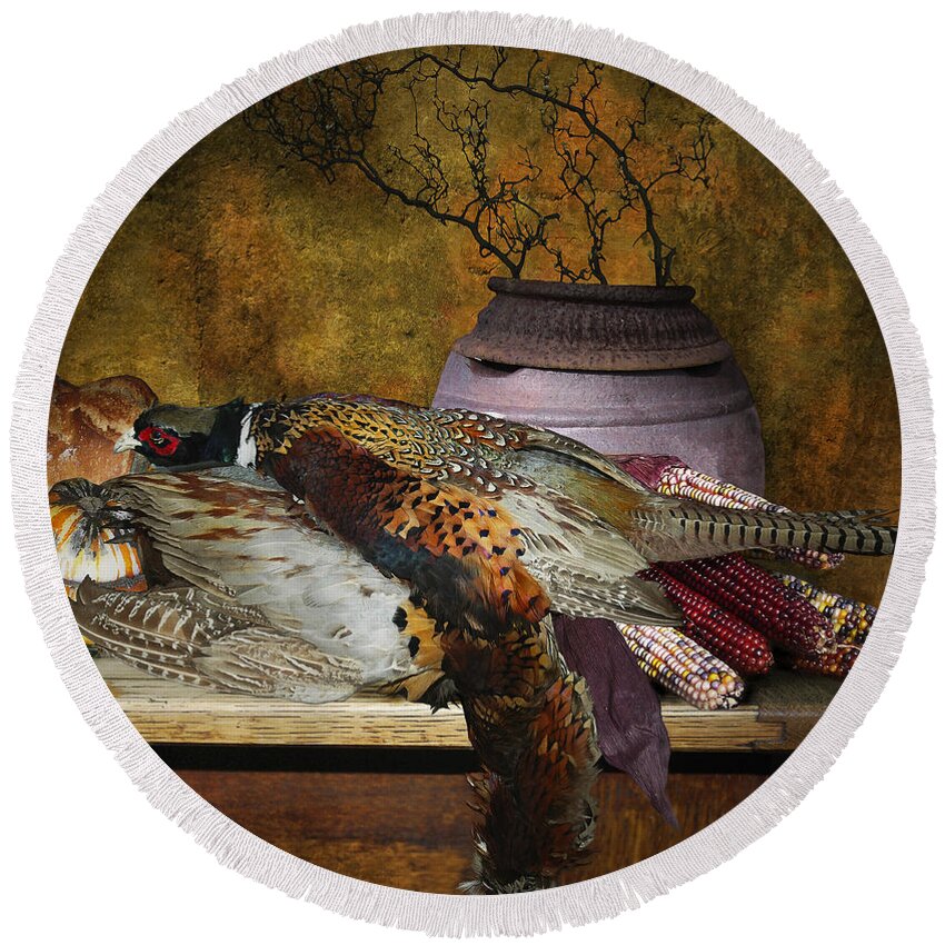 Pheasant Round Beach Towel featuring the photograph Still Life With Pheasants And Corn by Jeff Burgess