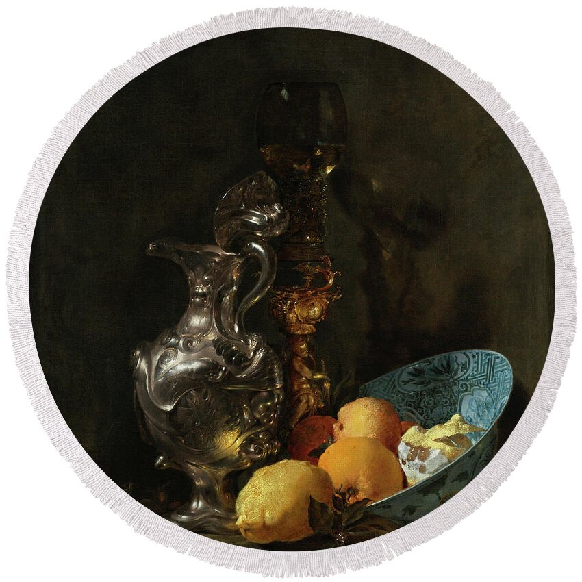 Willem Kalf Round Beach Towel featuring the painting Still Life with Silver Ewer by Willem Kalf