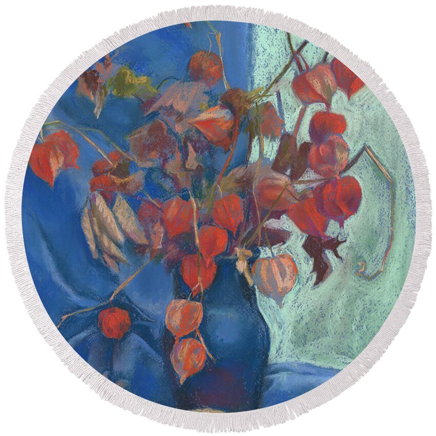  Pastel Round Beach Towel featuring the painting Still life with winter cherry by Julia Khoroshikh