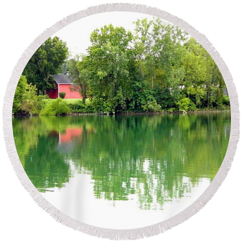 Landscape Round Beach Towel featuring the photograph Still Water and Barn at Waterscape Park by Kathy Barney