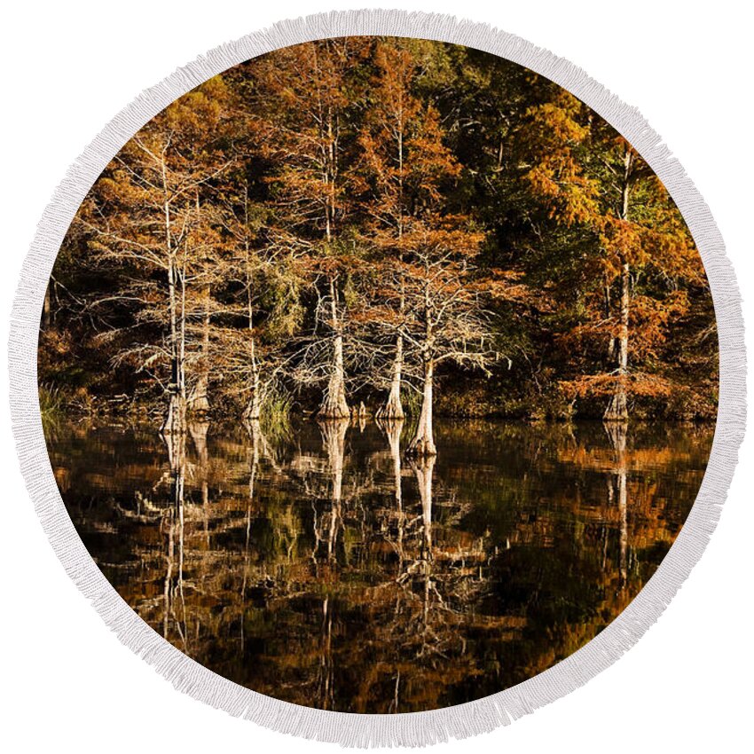 Rural Round Beach Towel featuring the photograph Still Waters on Beaver's Bend by Tamyra Ayles