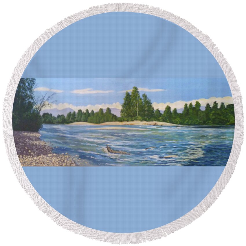 Landscape Round Beach Towel featuring the painting Stillaguamish River by Stan Chraminski
