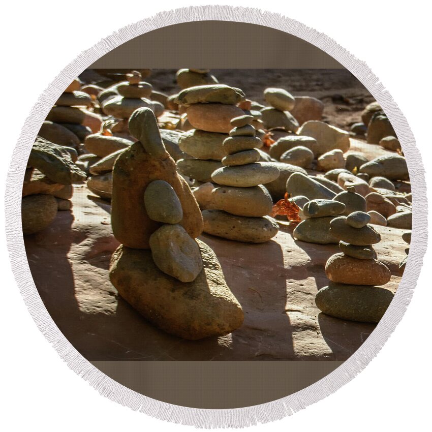 Stones Round Beach Towel featuring the photograph Stone Cairns 7791-101717-1cr by Tam Ryan