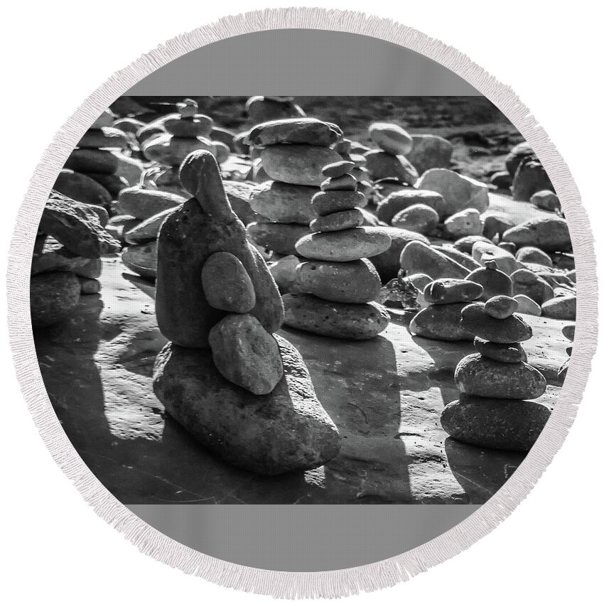 Stones Round Beach Towel featuring the photograph Stone Cairns 7791-101717-2cr-bw by Tam Ryan