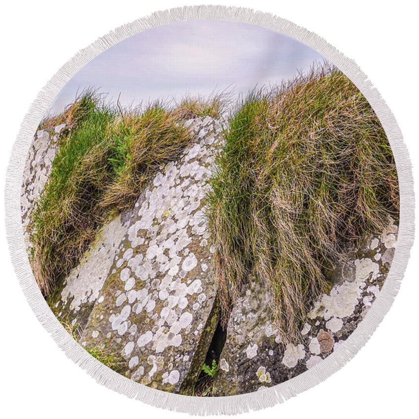 Ireland Rocks Series By Lexa Harpell Round Beach Towel featuring the photograph Stone Fence Cliffs of Moher Ireland by Lexa Harpell