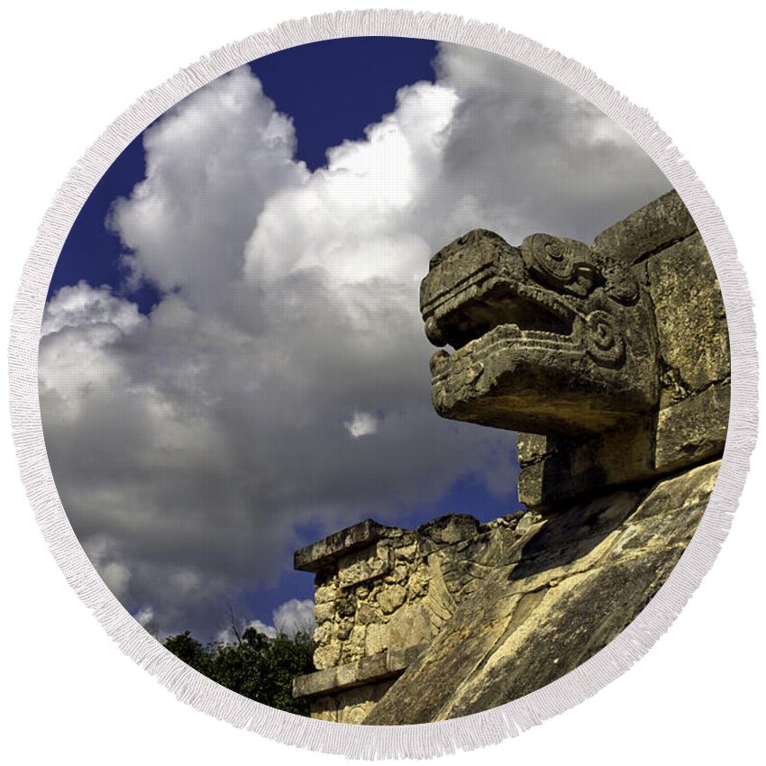 Chichen Itza Round Beach Towel featuring the photograph Stone Sky and Clouds by Ken Frischkorn
