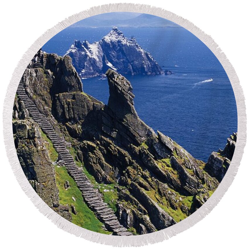 Coastal Round Beach Towel featuring the photograph Stone Stairway, Skellig Michael by Gareth McCormack