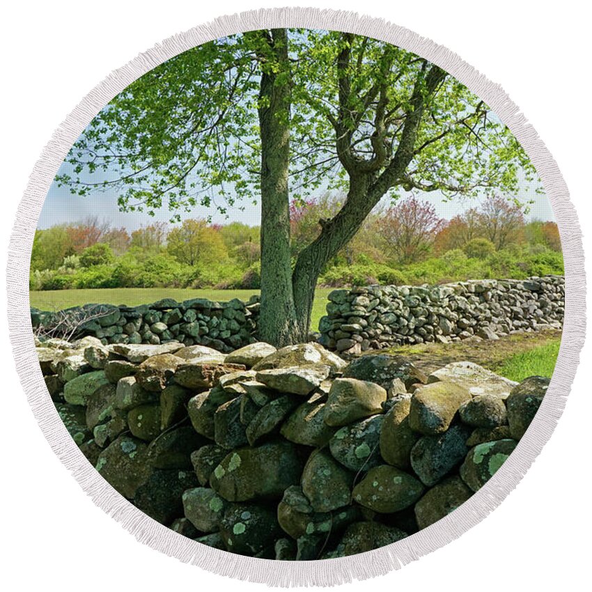 Stone Wall Round Beach Towel featuring the photograph Stone Wall in Rhode Island by Nancy De Flon
