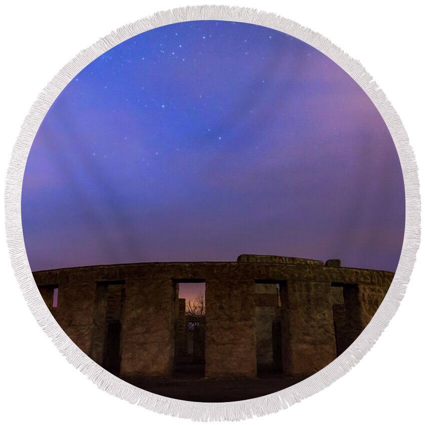 Night Round Beach Towel featuring the photograph Stonehenge Sunrise by Cat Connor