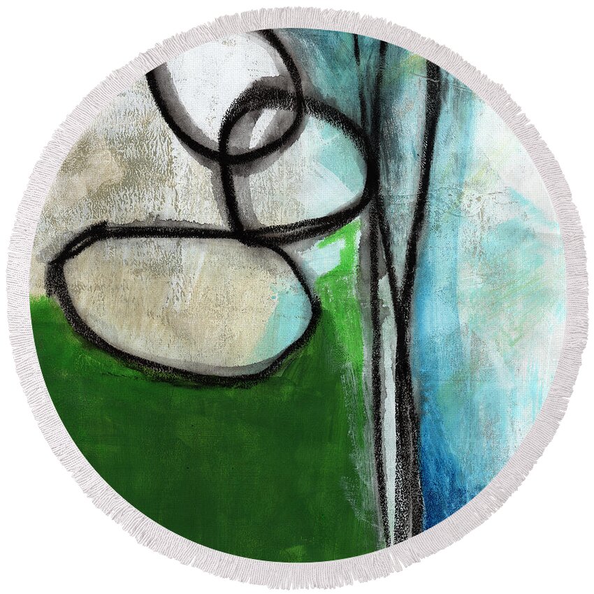 Green Round Beach Towel featuring the painting Stones- Green and Blue Abstract by Linda Woods