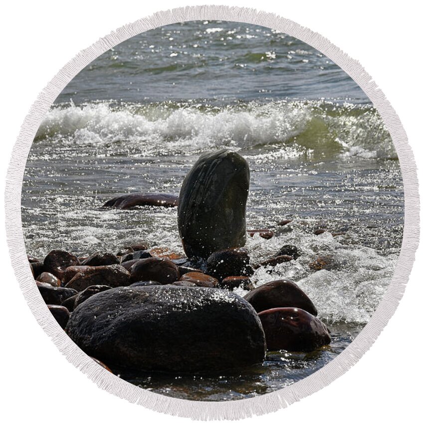 Sweden Round Beach Towel featuring the pyrography Stones by Magnus Haellquist