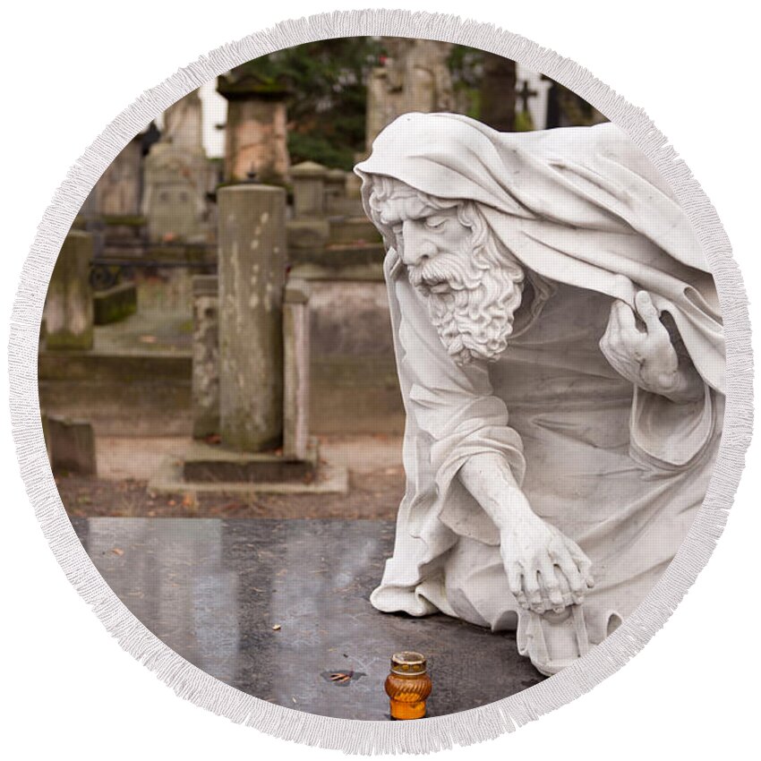 Candle Round Beach Towel featuring the photograph Stonework of pensive Chronos statue by Arletta Cwalina