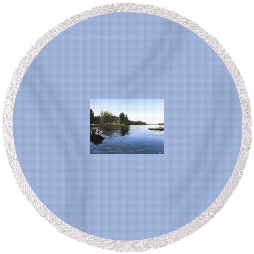 Landscapes Round Beach Towel featuring the painting Stoney Lake by Kenneth M Kirsch
