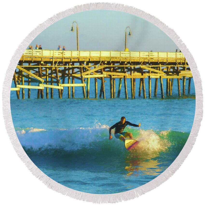 Beach Round Beach Towel featuring the photograph Stop My Turn Surfing Watercolor by Scott Campbell
