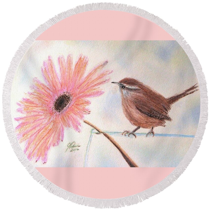 Carolina Wren Round Beach Towel featuring the drawing Stopping By To Say Hello by Angela Davies