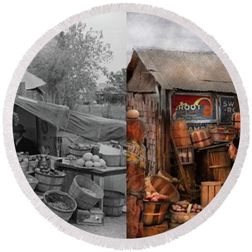 Farm Round Beach Towel featuring the photograph Store - Fruit - Grand dad's fruit stand 1939 - Side by Side by Mike Savad