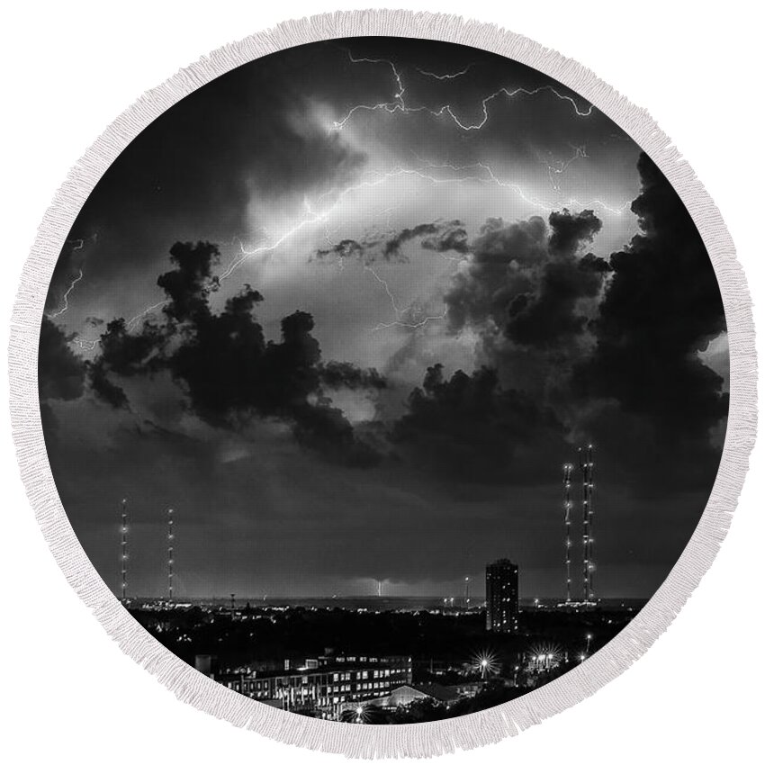Monochrome Round Beach Towel featuring the photograph Storm over Milwaukee #2 by John Roach