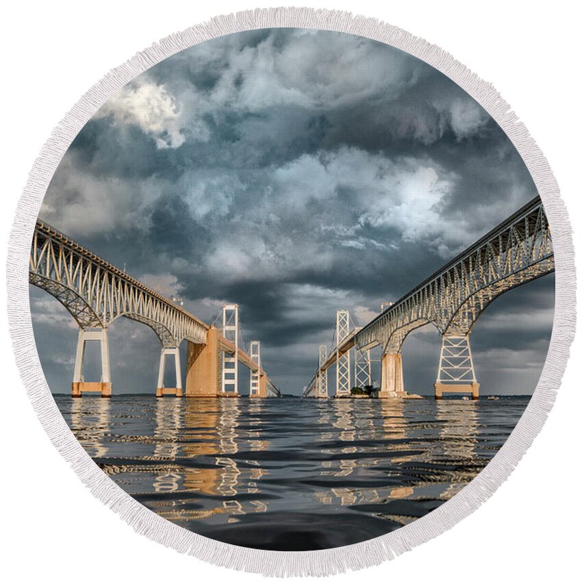 Chesapeake Bay Bridge Round Beach Towel featuring the photograph Stormy Chesapeake Bay Bridge by Erika Fawcett
