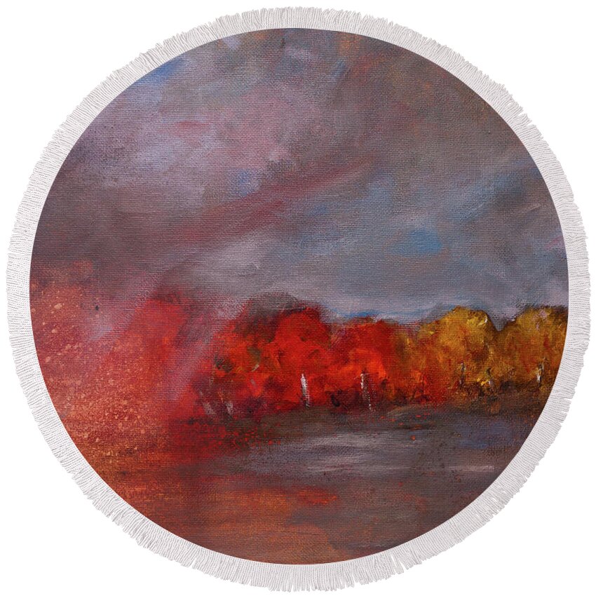Stormy Landscape Painting Round Beach Towel featuring the painting Stormy Fall Landscape Red Yellow Leaves by Gray Artus