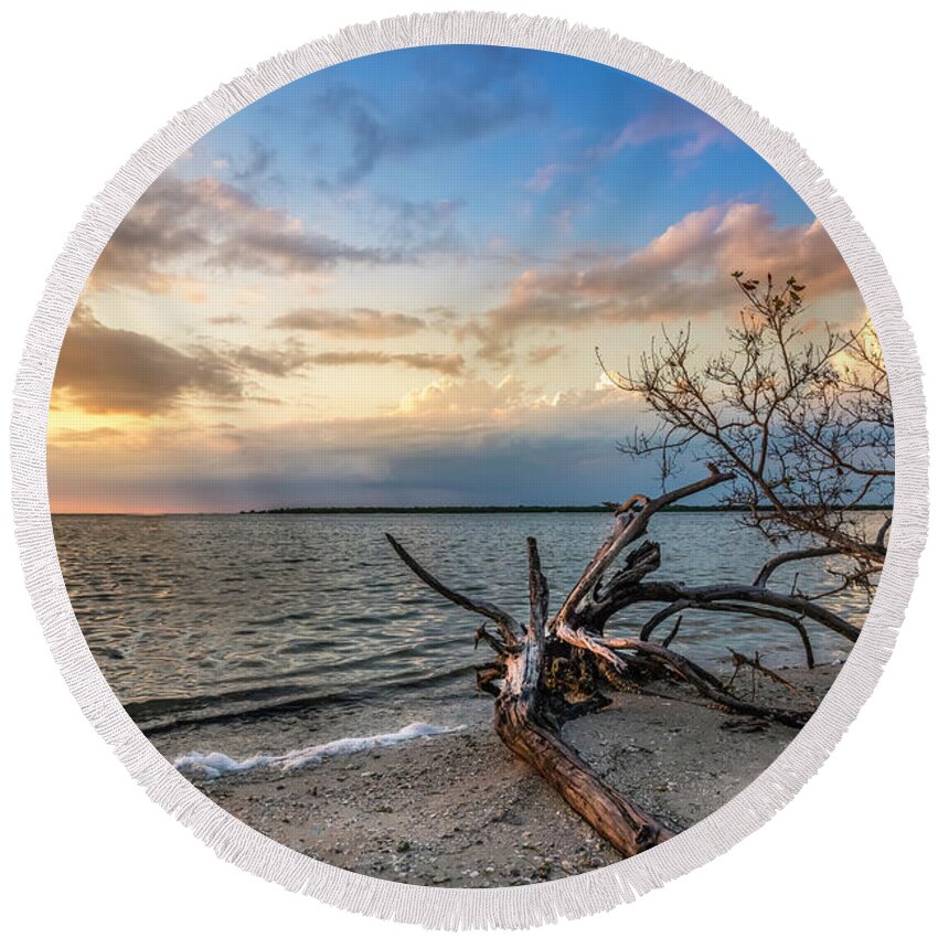 Driftwood Round Beach Towel featuring the photograph Stormy Sunset by Marvin Spates