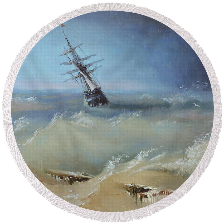 Russian Artists New Wave Round Beach Towel featuring the painting Stormy Waters by Ilya Kondrashov