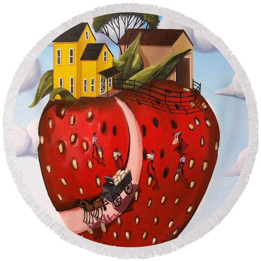 Art Round Beach Towel featuring the painting Strawberry Fields - surreal farm landscape by Debbie Criswell