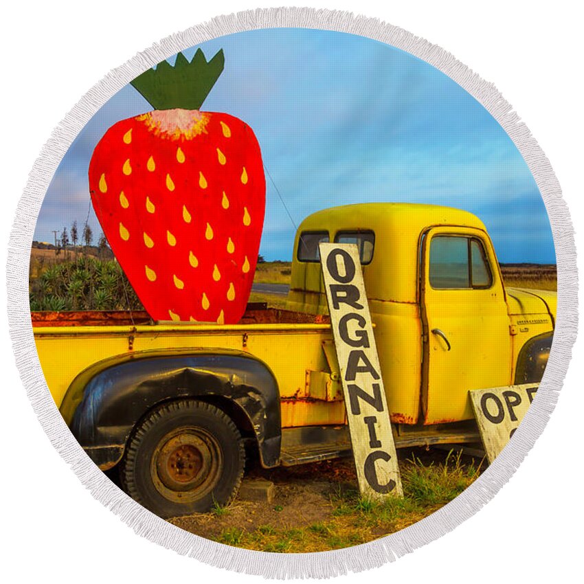 Truck Round Beach Towel featuring the photograph Strawberry Sign In Pickup Truck by Garry Gay